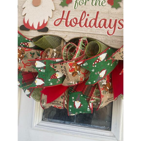 Gnome for the Holidays Deco Mesh Ribbon Christmas Wreath Front Door Hanger - Picture 2 of 7